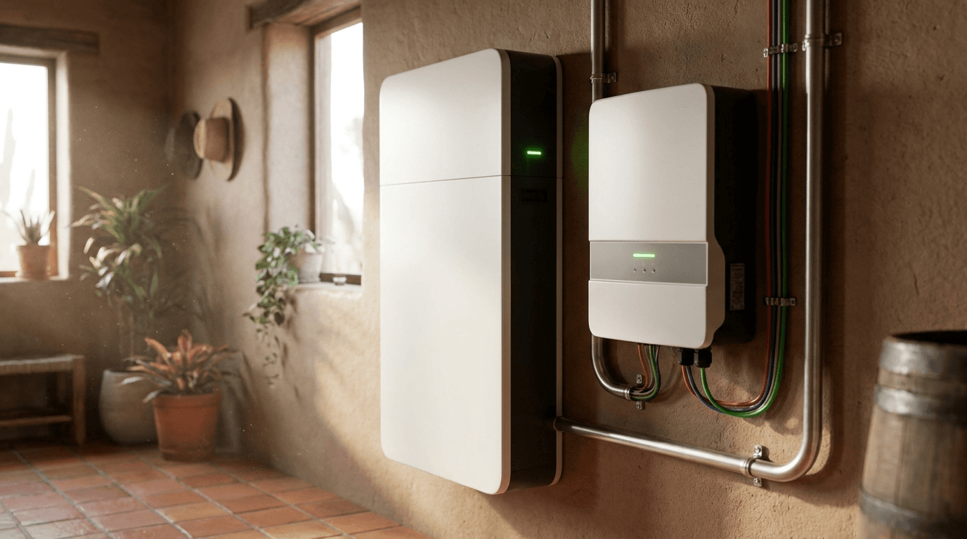 Batería de respaldo e inversor híbrido instalados en la pared de una casa