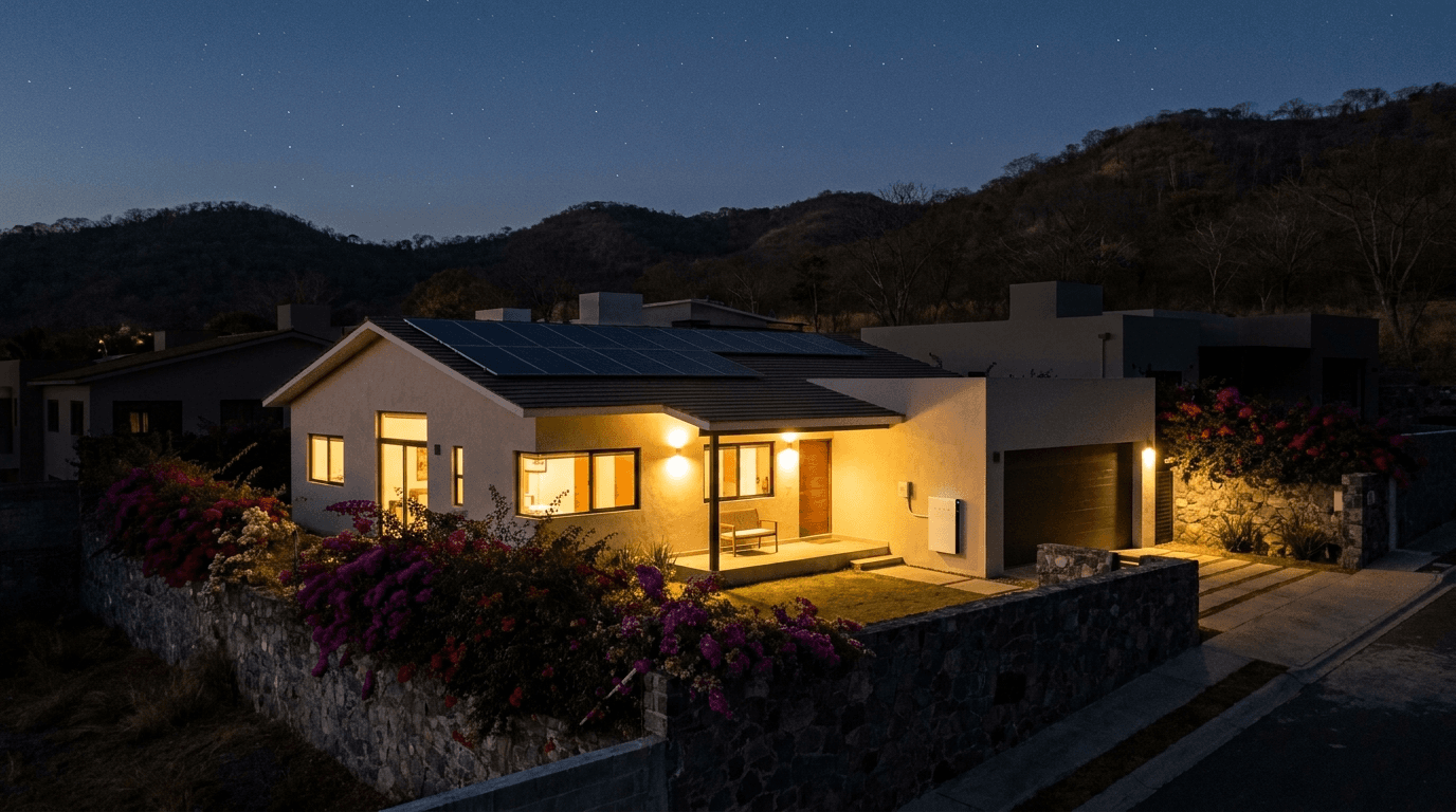 Casa en Cuernavaca con la luz encendida durante un apagón gracias a paneles solares con batería