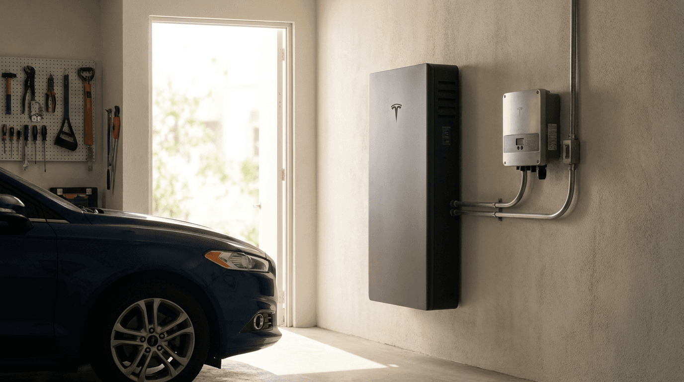 Batería solar para casa montada en la pared de una cochera junto al inversor