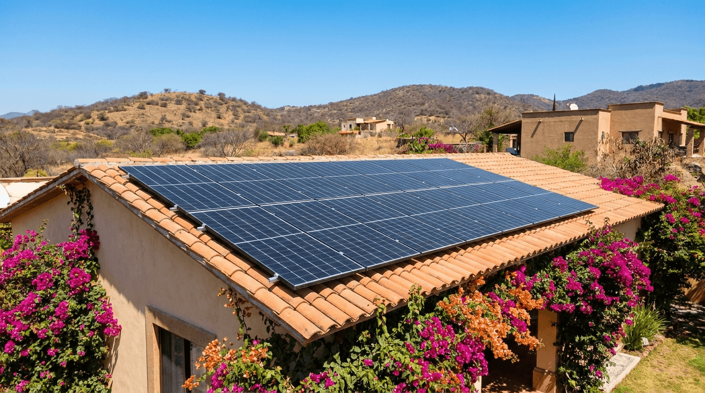 Paneles solares en el techo de una casa en Morelos bajo cielo despejado