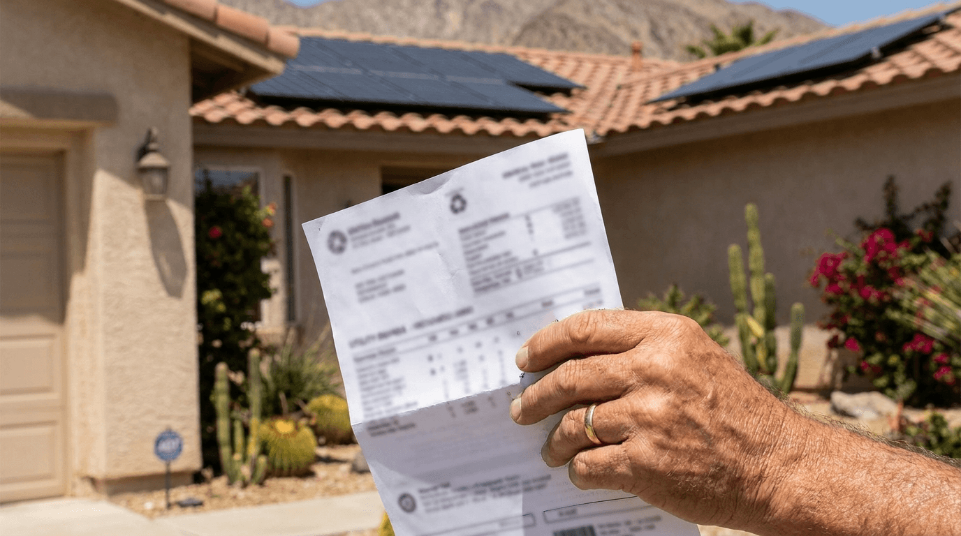 Mano sosteniendo un recibo de luz bajo frente a una casa con paneles solares