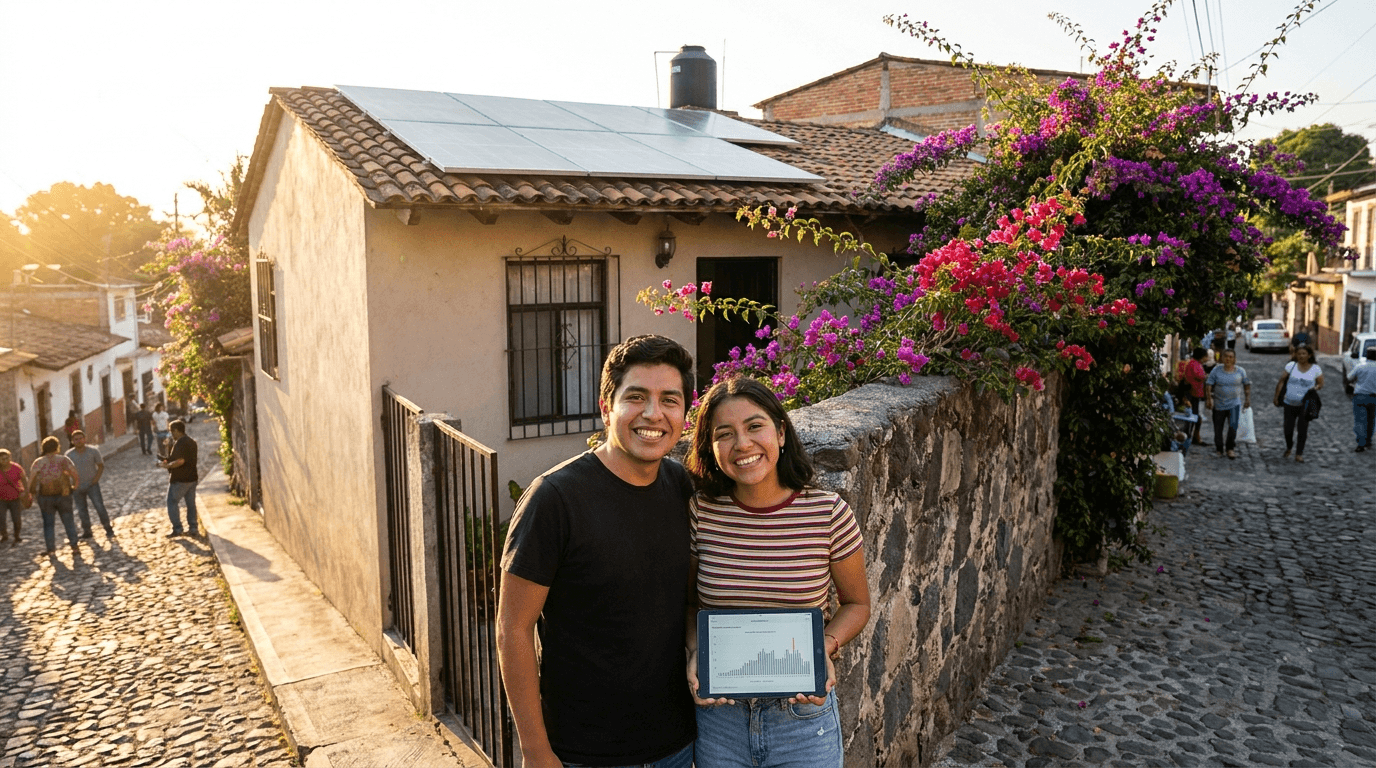Pareja frente a su casa con paneles solares financiados a meses sin intereses