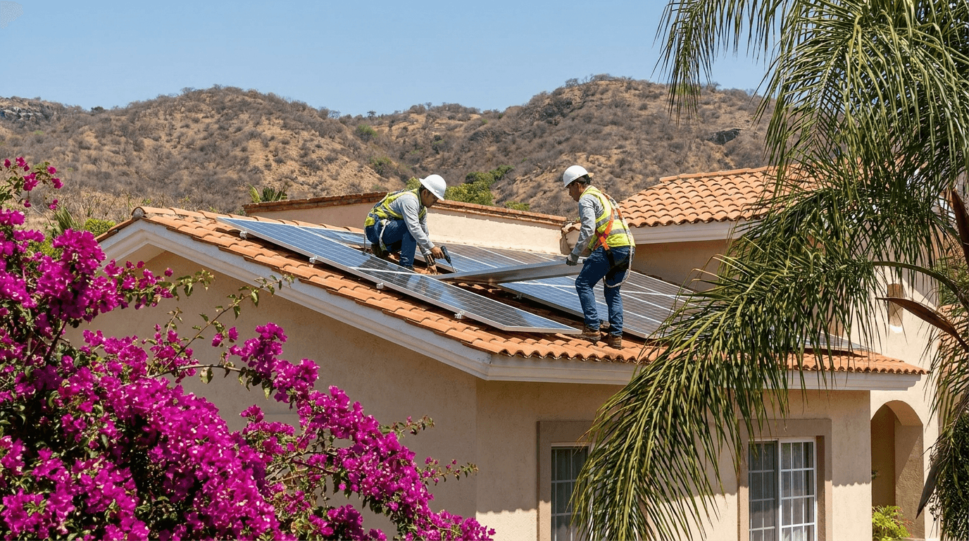 Instaladores colocando paneles solares en el techo de una casa en Cuernavaca