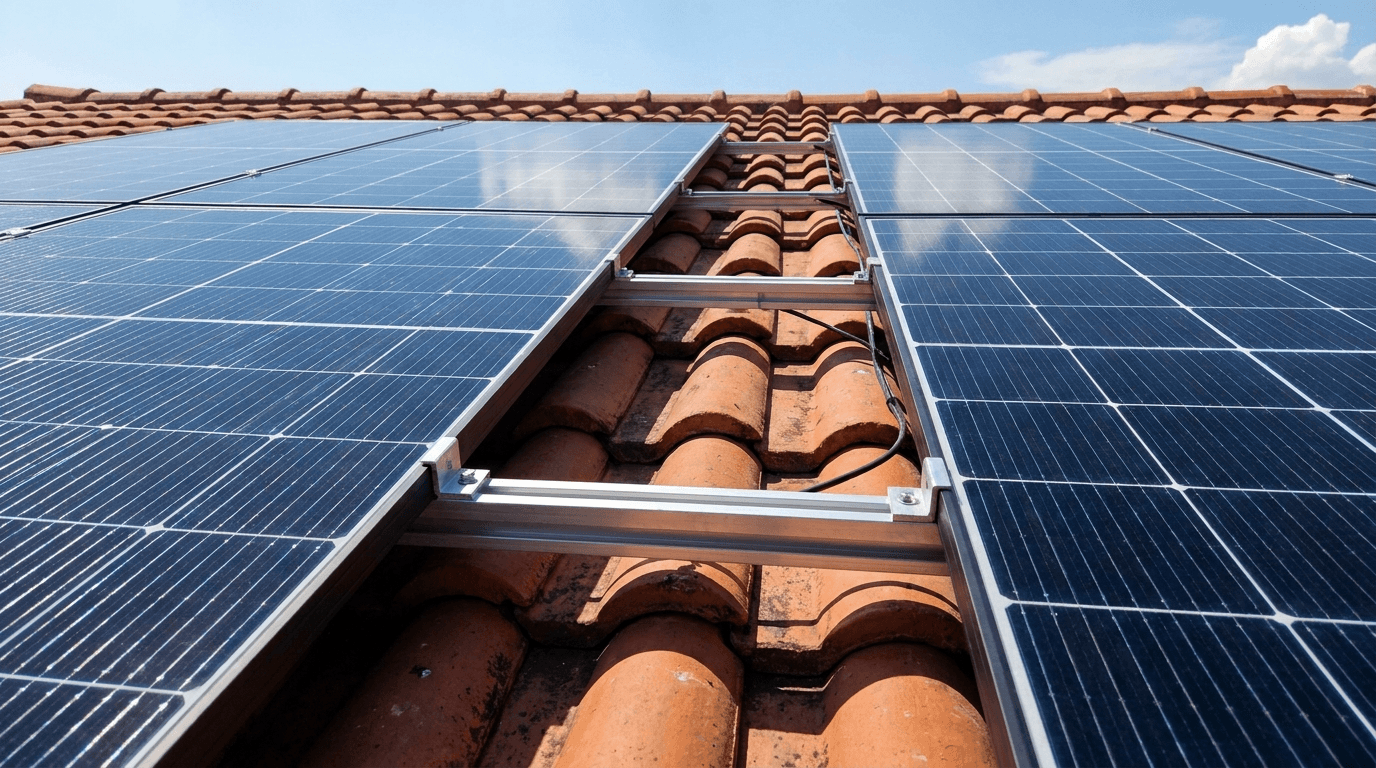 Paneles solares monocristalinos recién instalados en un techo de teja